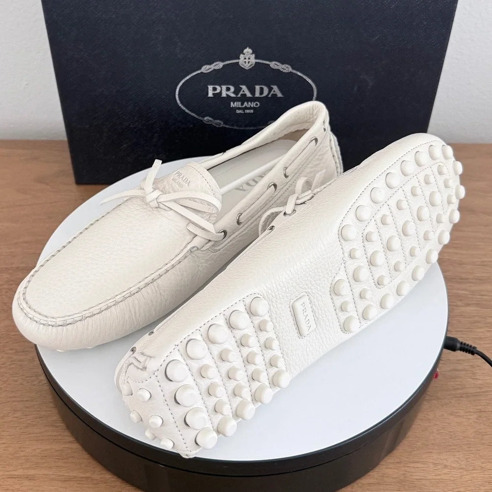 Prada Mens Bianco White Pebbled Leather Driving Loafers 2DD190 US Size 9